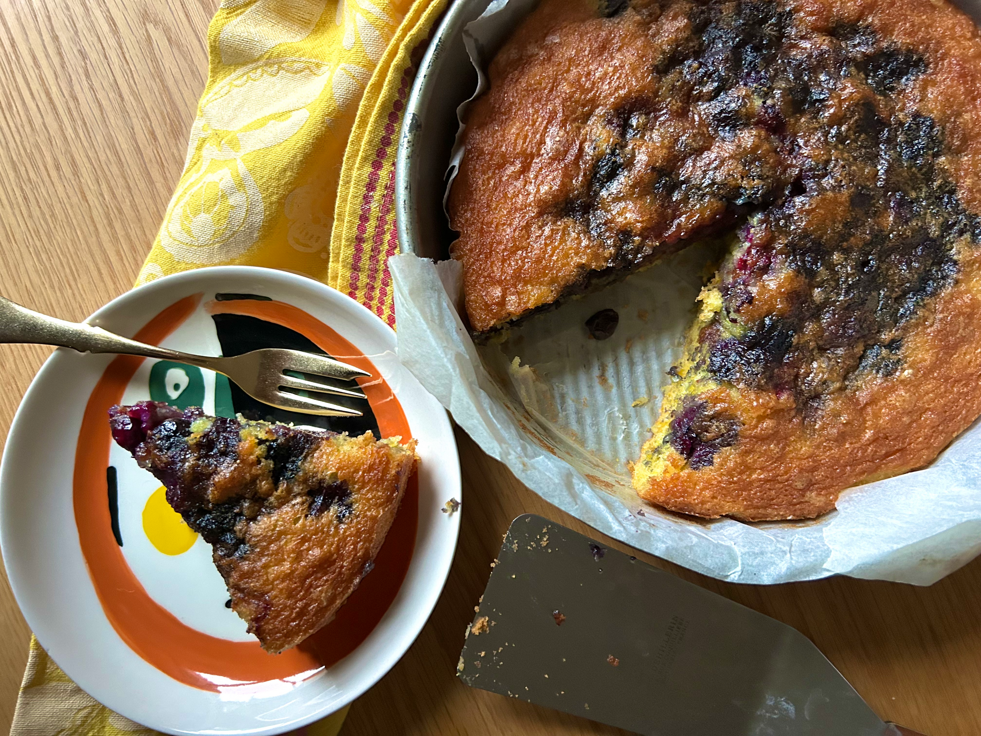 Corn and blueberry cake slice